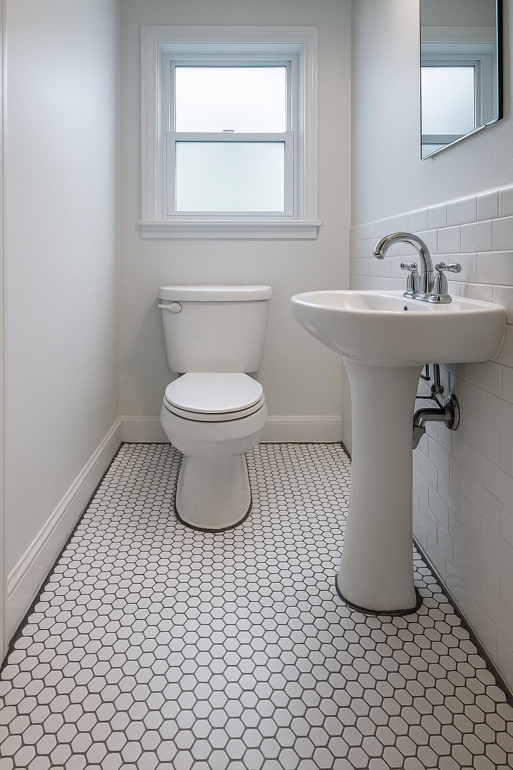 Bathroom floor with white penny round tile and charcoal grout