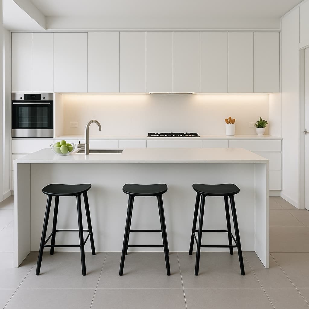 Open-plan modern kitchen with 24x48 matte porcelain tile floor