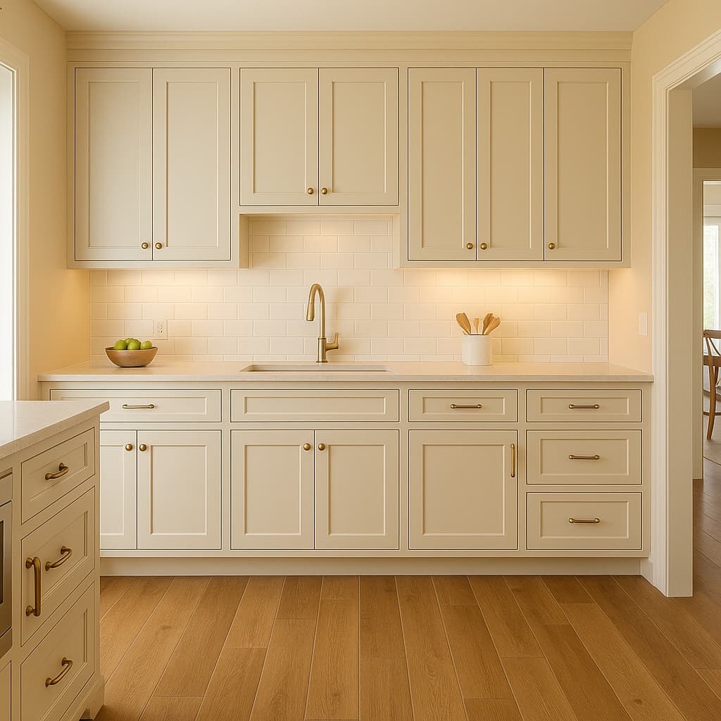 Kitchen with shaker cabinets and 8x48 wood-look porcelain flooring