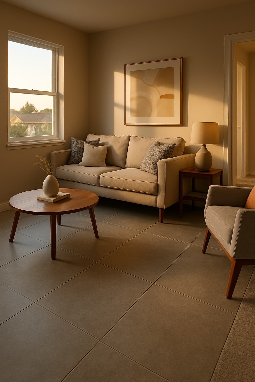 Modern living room with stone-look tile flooring